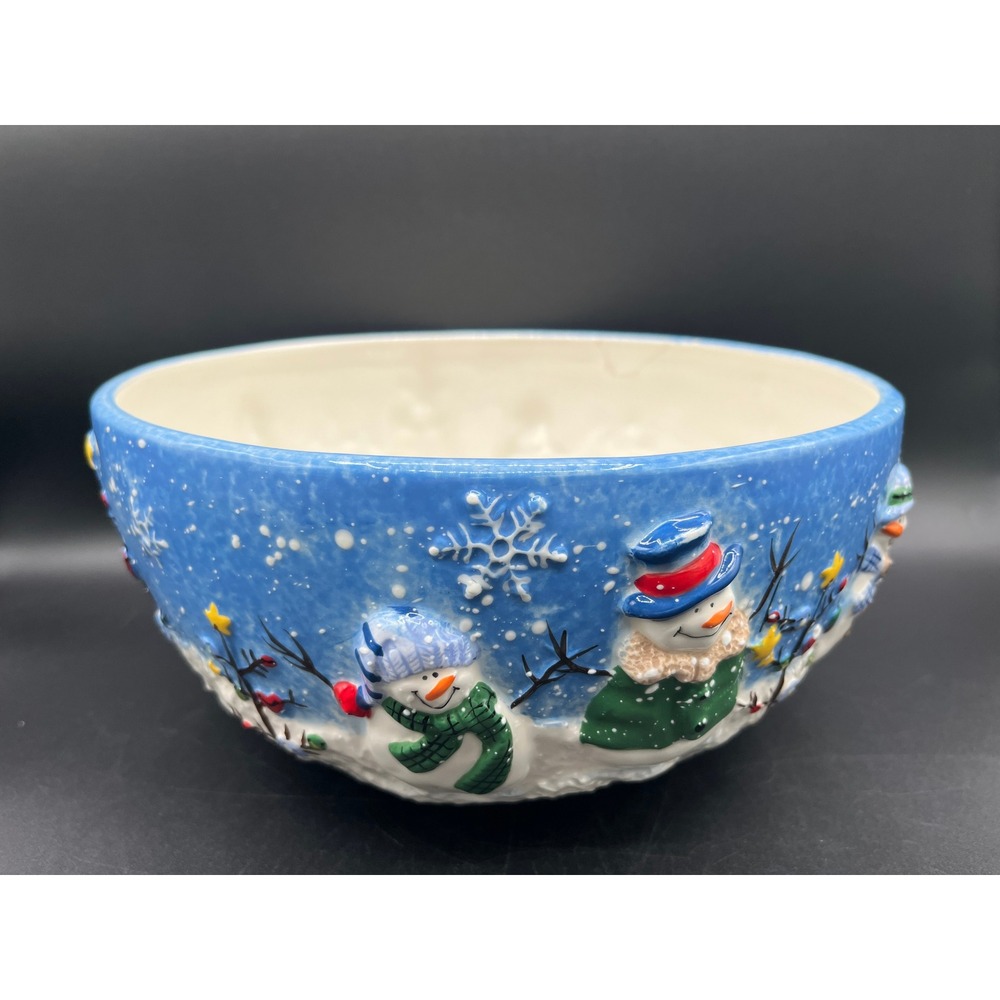 St Nicholas Square Button Up Snowman Ceramic Serving Bowl Blue Holiday 3D As Is